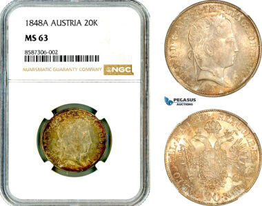 AL550, Austria, Ferdinand I, 20 Kreuzer 1848 A, Vienna Mint, Silver, NGC MS63