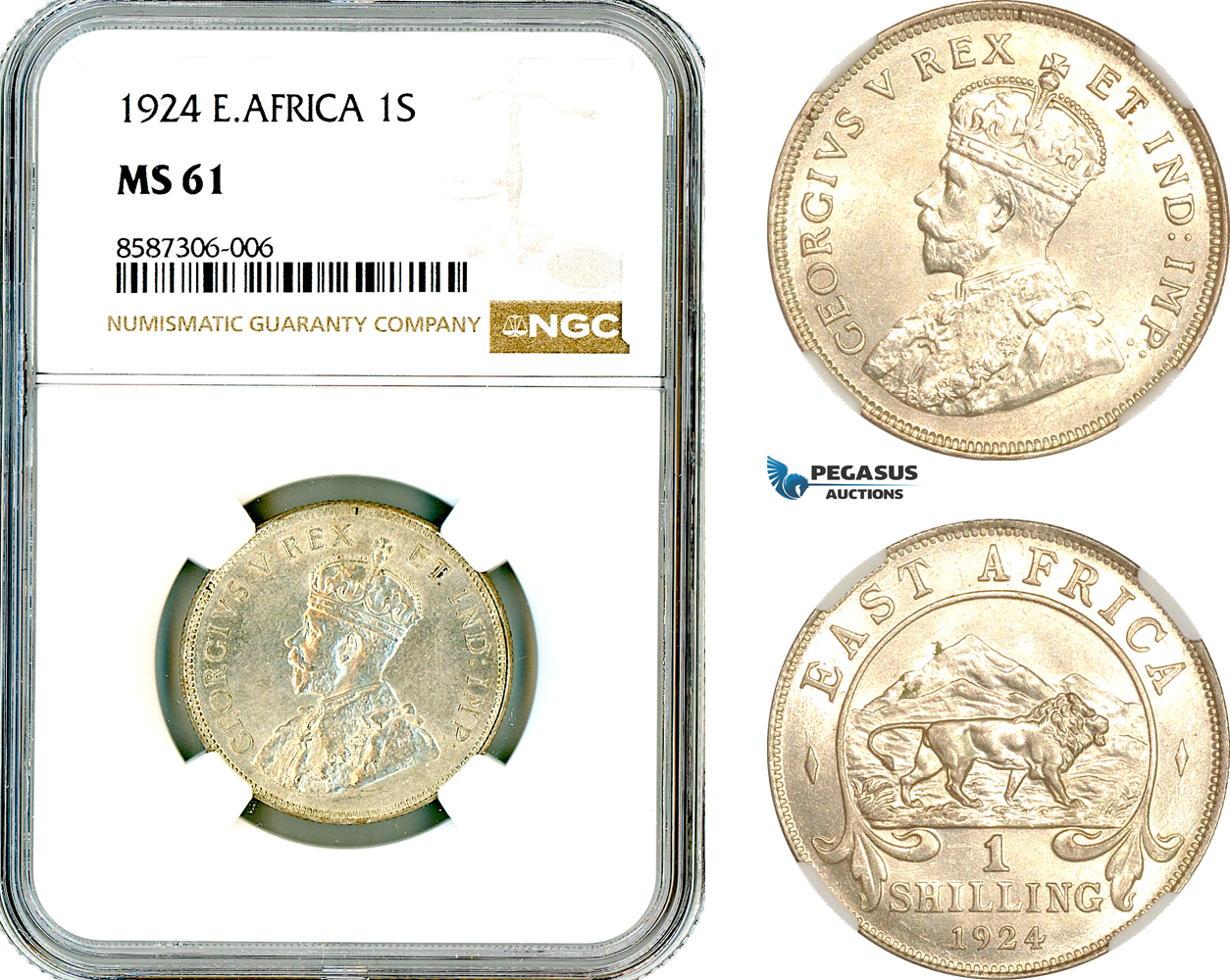 AL551, East Africa, 1 Shilling 1924, Pretoria Mint, Silver, NGC MS61