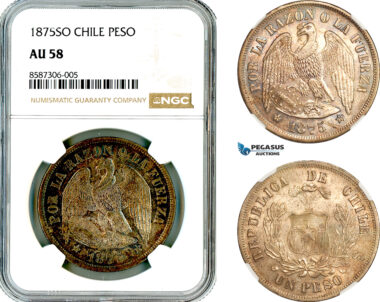 AL554, Chile, 1 Peso 1875 SO, Santiago Mint, Silver, NGC AU58