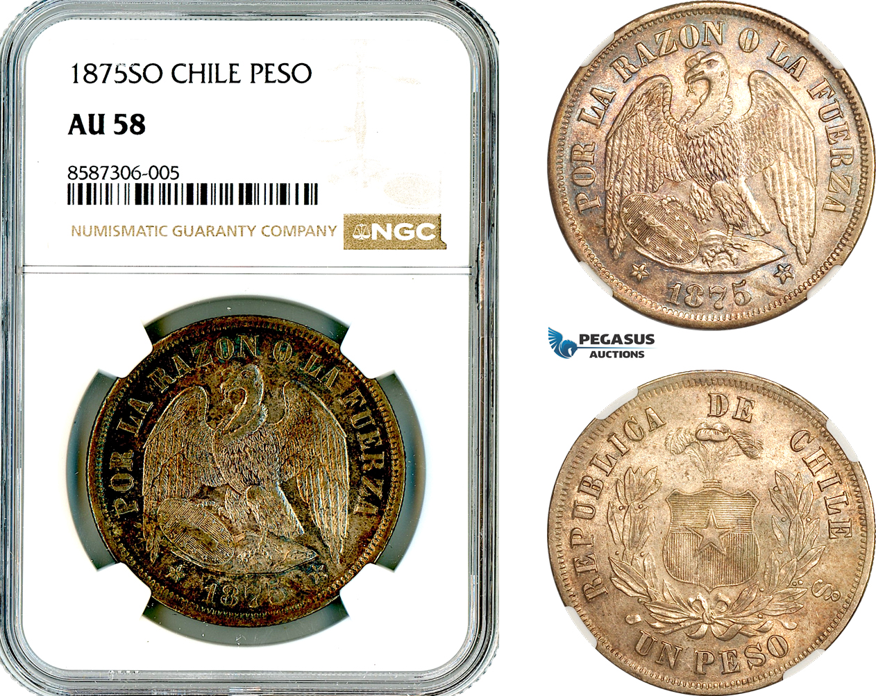 AL554, Chile, 1 Peso 1875 SO, Santiago Mint, Silver, NGC AU58