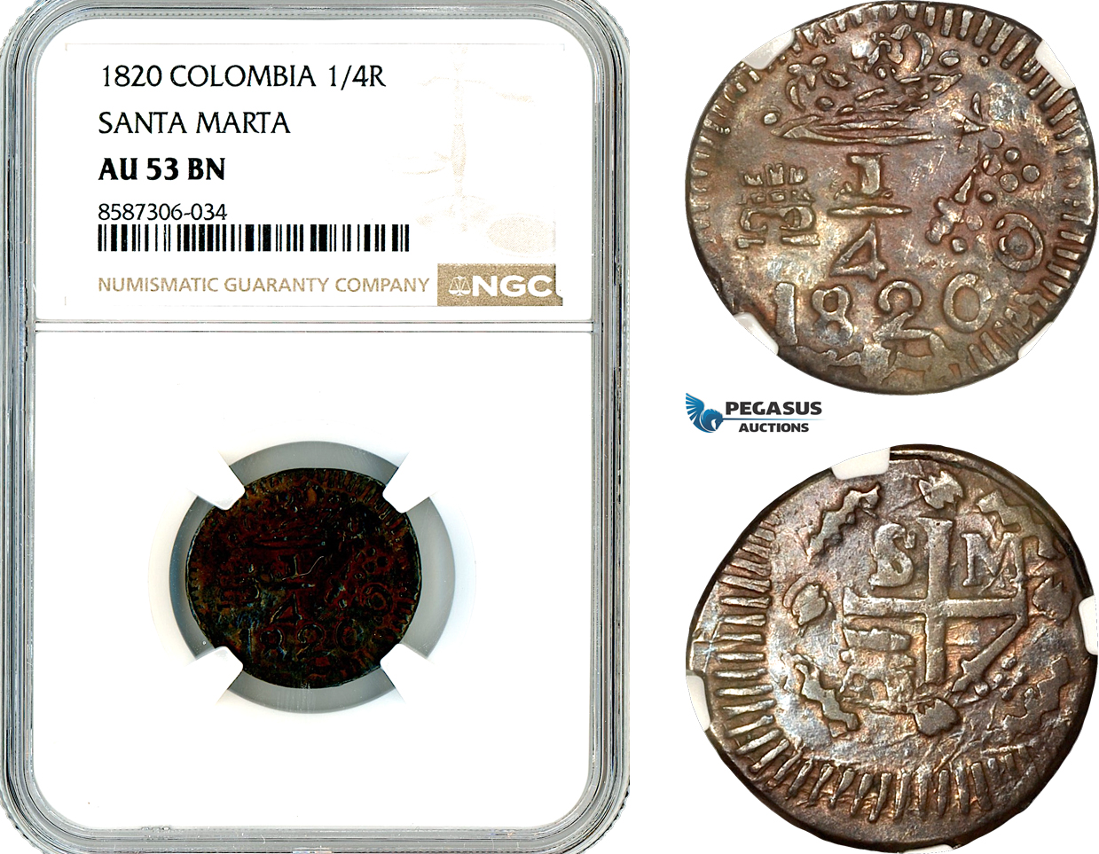 AL556, Colombia, Santa Marta, 1/4 Real 1820, NGC AU53BN