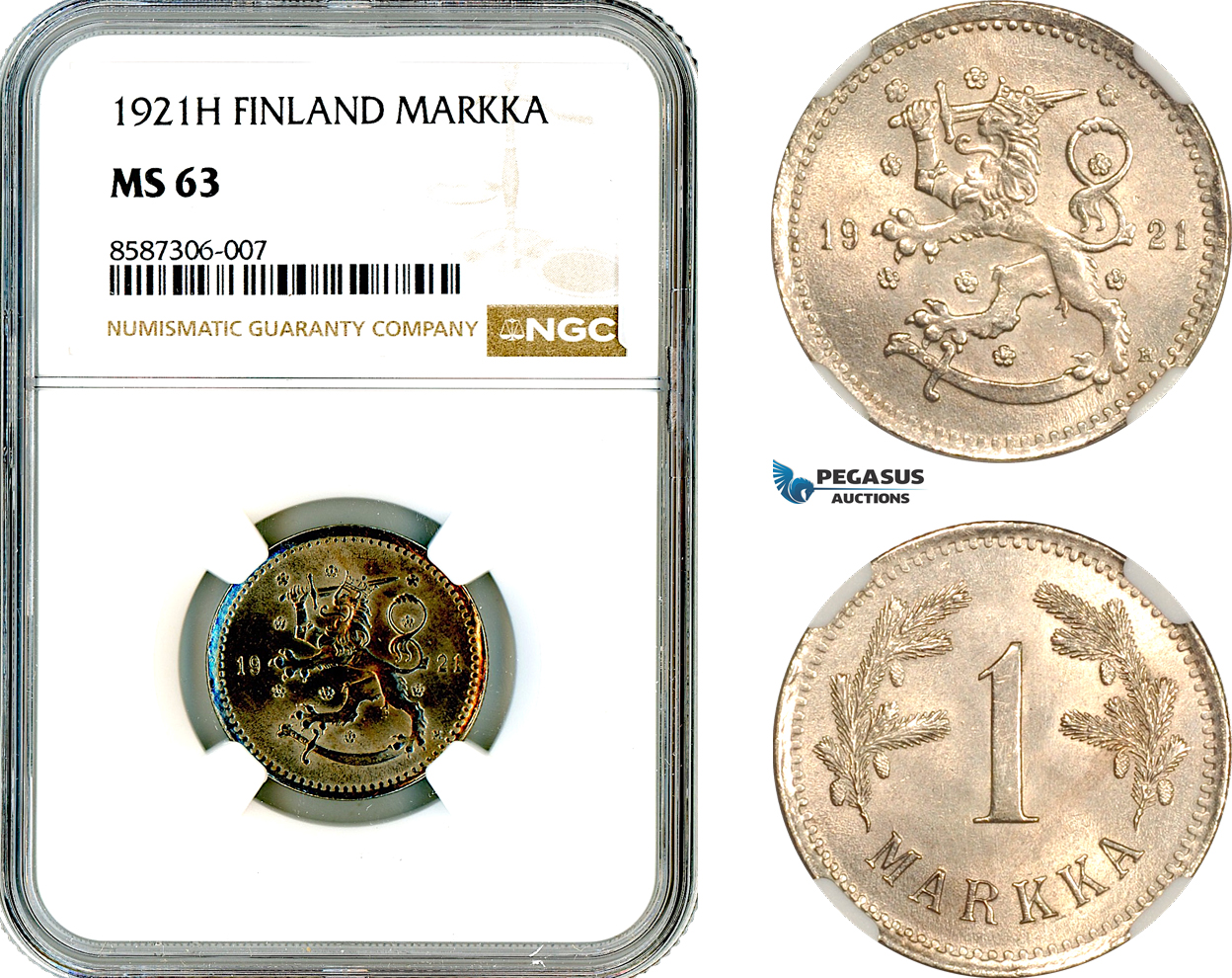 AL558, Finland, 1 Markka 1921 H, Heaton Mint, NGC MS63