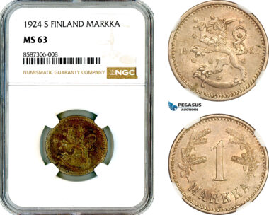 AL559, Finland, 1 Markka 1924 S, Helsinki Mint, NGC MS63