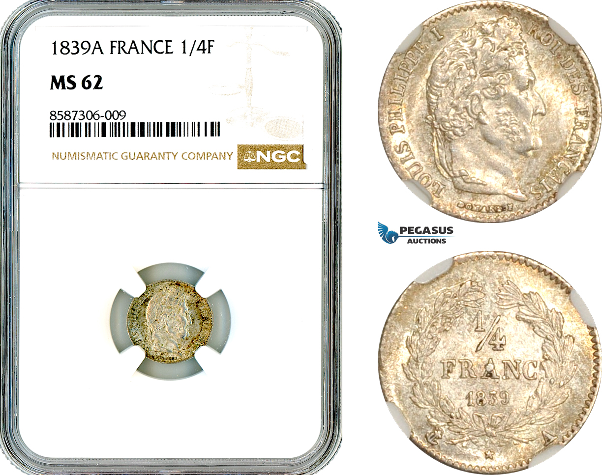 AL560, France, Louis Philippe I, 1/4 Franc 1839 A, Paris Mint, Silver, NGC MS62