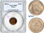 AL561, France, Louis Philippe I, 1/2 Franc 1834 A, Paris Mint, Silver, PCGS MS65, Top Pop and single finest graded!