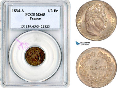 AL561, France, Louis Philippe I, 1/2 Franc 1834 A, Paris Mint, Silver, PCGS MS65, Top Pop and single finest graded!