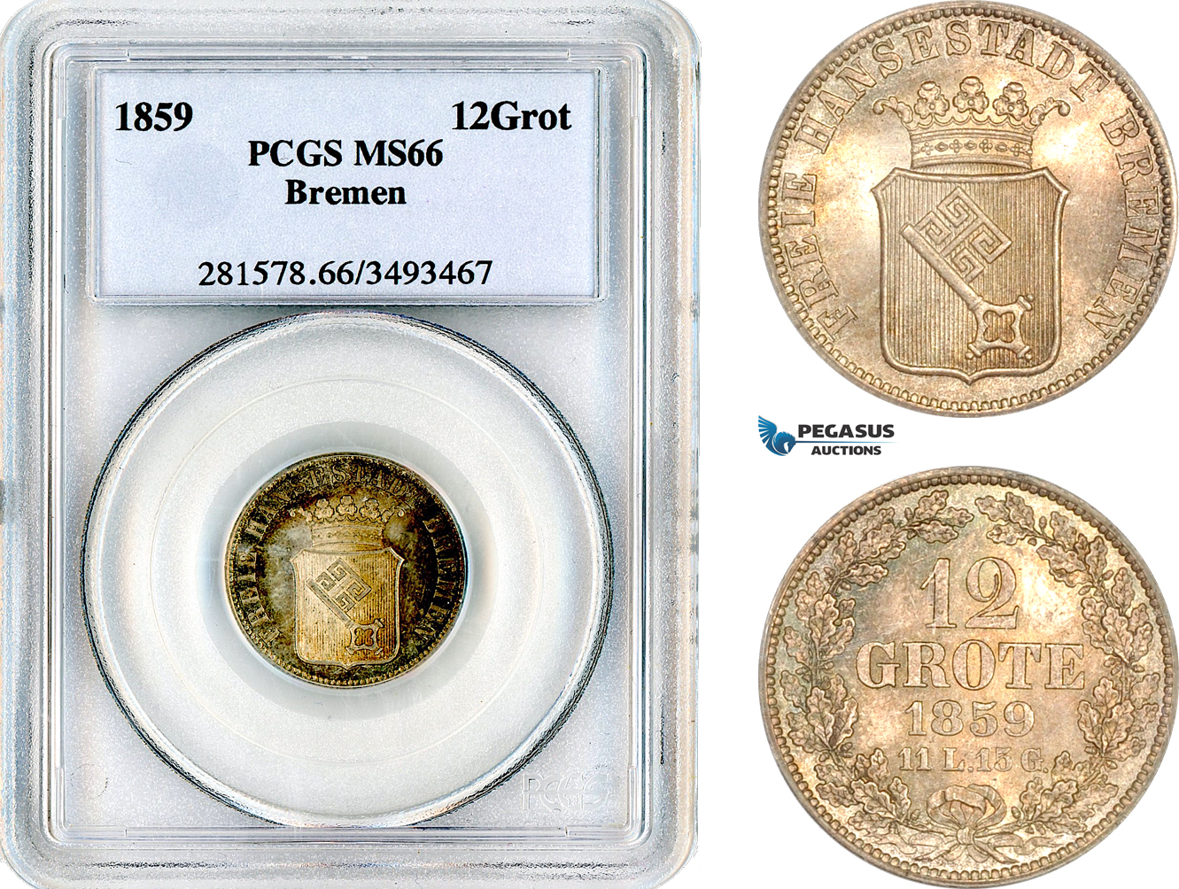 AL562, Germany, Bremen, 12 Grote 1859, Silver, PCGS MS66, Top Pop and single finest graded!