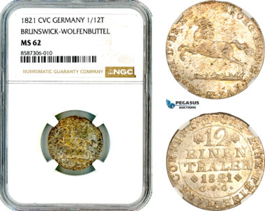AL563, Germany, Brunswick-Wolfenbuttel, George IV, 1/12 Taler 1821 CVC, Silver, NGC MS62