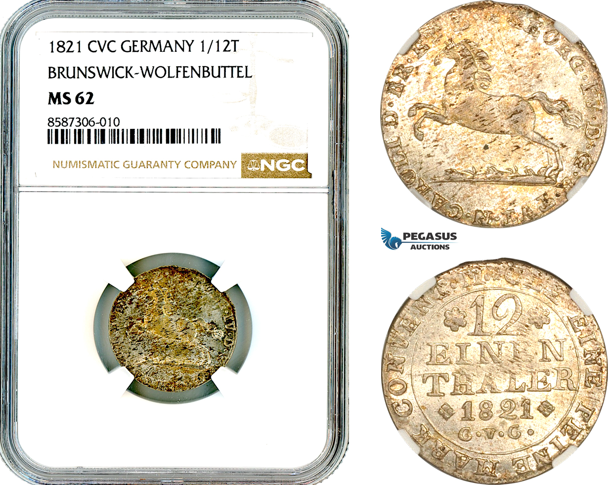 AL563, Germany, Brunswick-Wolfenbuttel, George IV, 1/12 Taler 1821 CVC, Silver, NGC MS62