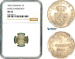AL564, Germany, Hesse-Darmstadt, Louis II, 3 Kreuzer 1842, Silver, NGC MS64, Top Pop and single finest graded!