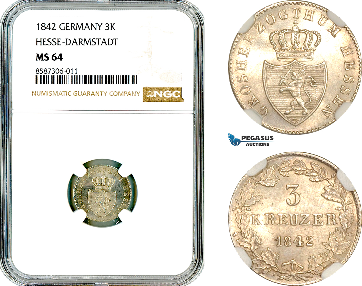 AL564, Germany, Hesse-Darmstadt, Louis II, 3 Kreuzer 1842, Silver, NGC MS64, Top Pop and single finest graded!