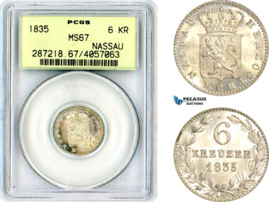 AL565, Germany, Nassau, William, 6 Kreuzer 1835, Silver, PCGS MS67, Top Pop and single finest graded!