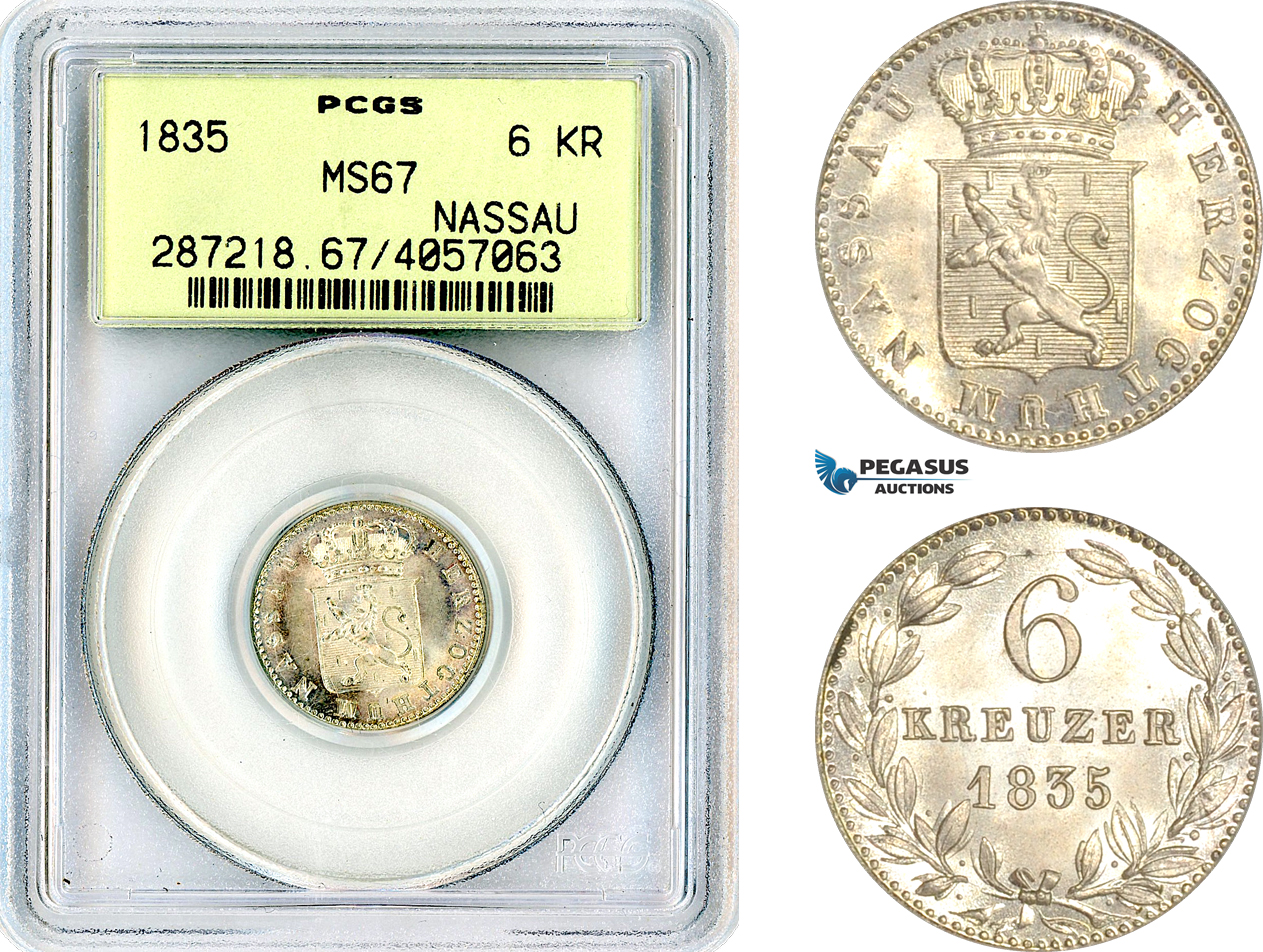 AL565, Germany, Nassau, William, 6 Kreuzer 1835, Silver, PCGS MS67, Top Pop and single finest graded!