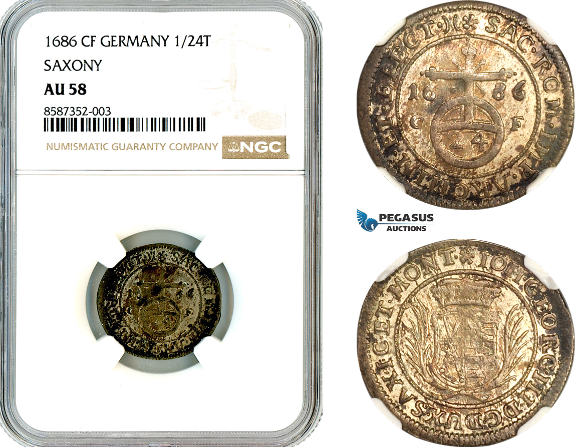 AL568, Germany, Saxony, John George III, 1/24 Taler 1686 CF, Silver, NGC AU58, Top Pop and single finest graded!