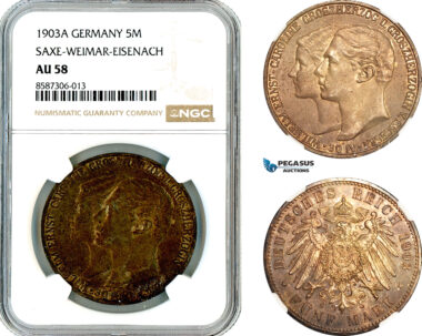 AL570, Germany, Saxe-Weimar-Eisenach, William Ernst, 5 Marks 1903 A, Berlin Mint, Silver, NGC AU58