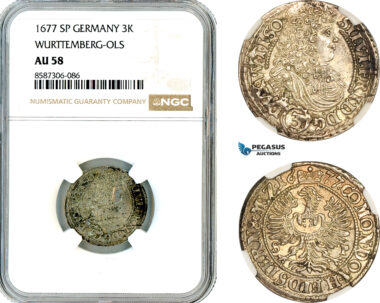 AL571, Germany, Wurttemberg-Ols, Sylvius II Frederick, 3 Kreuzers 1677 SP, Silver, NGC AU58