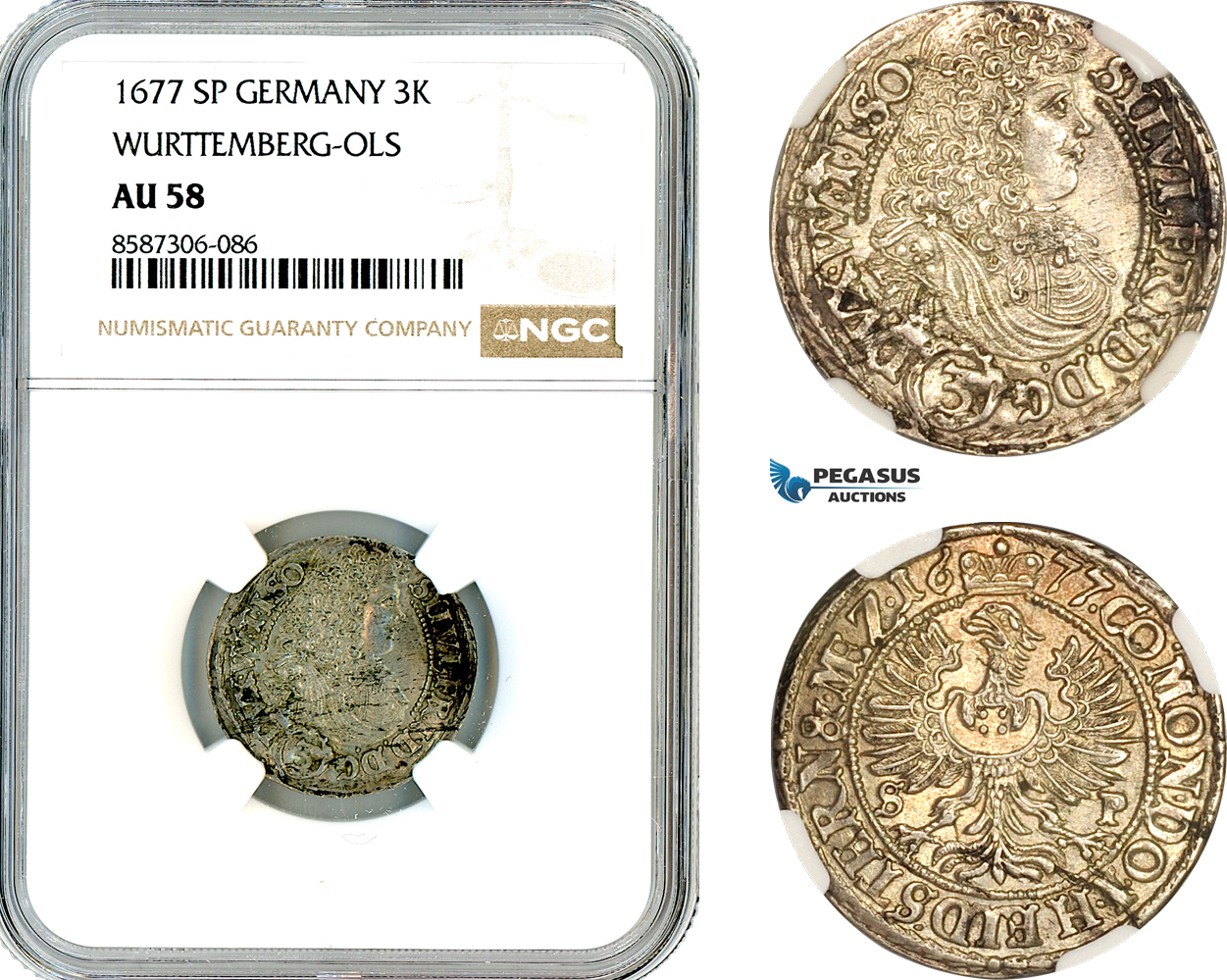 AL571, Germany, Wurttemberg-Ols, Sylvius II Frederick, 3 Kreuzers 1677 SP, Silver, NGC AU58