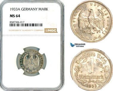 AL572, Germany, Third Reich, 1 Reichsmark 1933 A, Berlin Mint, NGC MS64