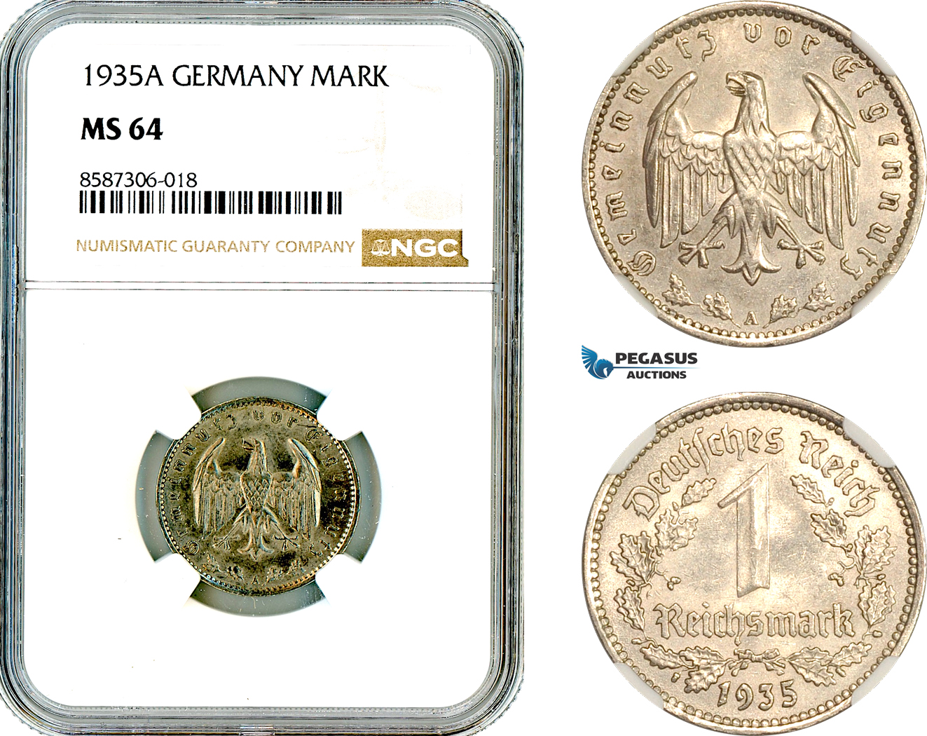 AL573, Germany, Third Reich, 1 Reichsmark 1935 A, Berlin Mint, NGC MS64