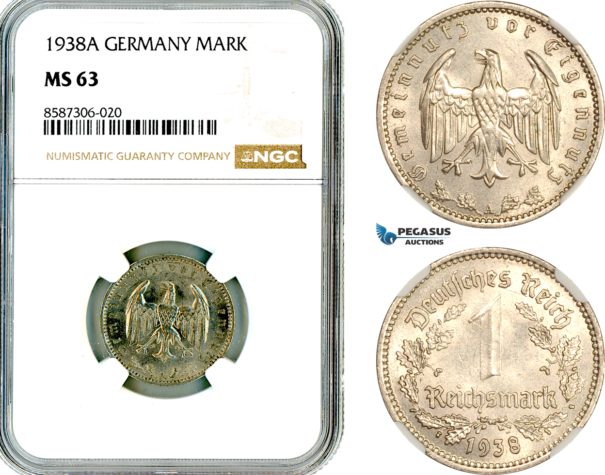 AL575, Germany, Third Reich, 1 Reichsmark 1938 A, Berlin Mint, NGC MS63