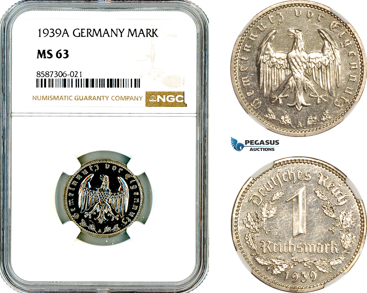 AL576, Germany, Third Reich, 1 Reichsmark 1939 A, Berlin Mint, NGC MS63