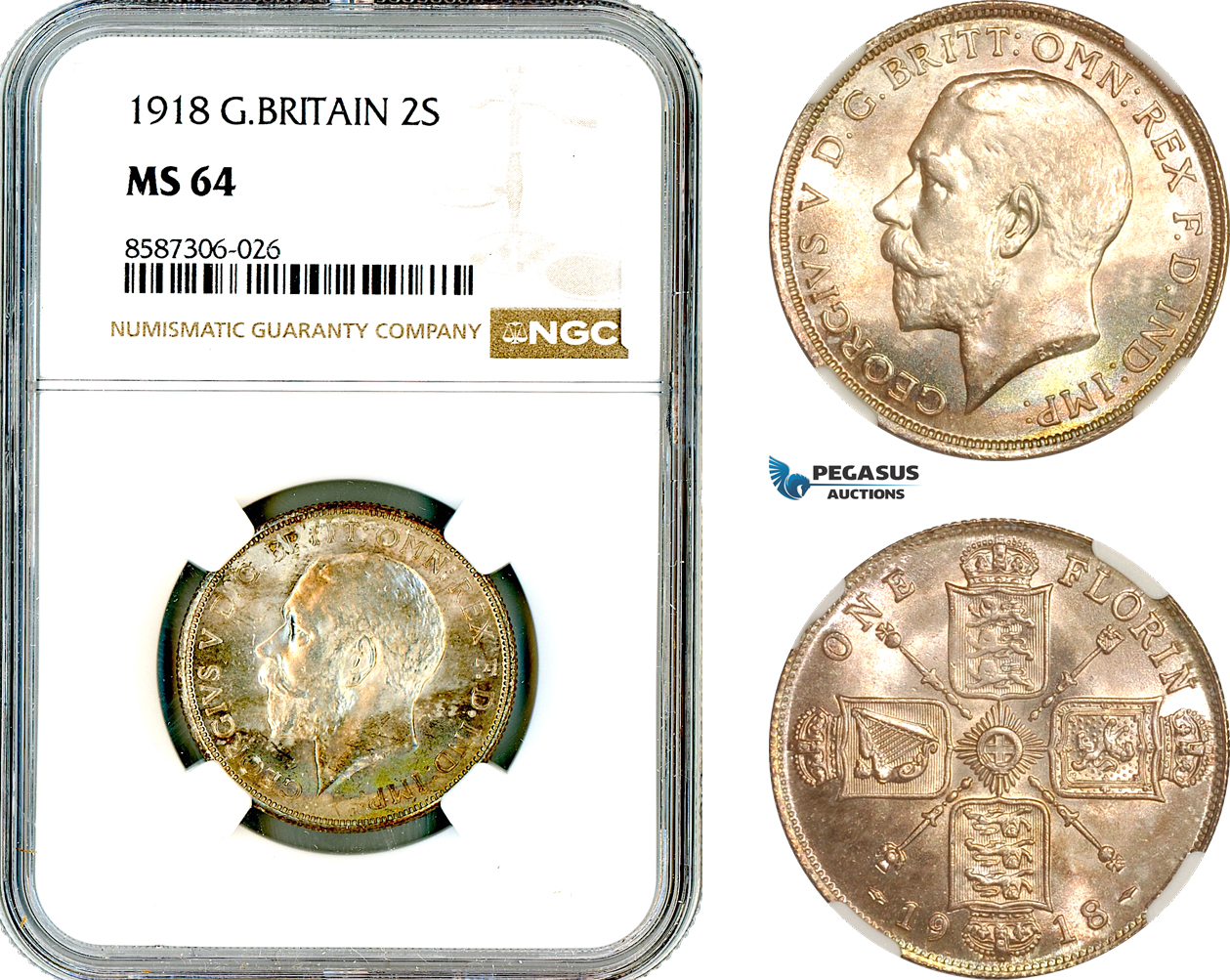 AL577, Great Britain, George V, 2 Shillings (Florin) 1918, London Mint, Silver, NGC MS64