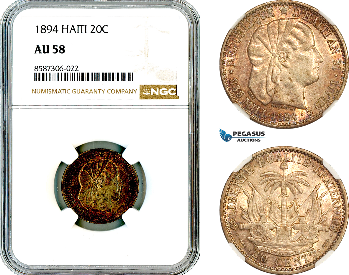 AL578, Haiti, 20 Centimes 1894, Paris Mint, Silver, NGC AU58