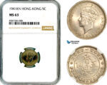AL579, Hong Kong, George VI, 5 Cents 1941 KN, Kings Norton, NGC MS63, Very Rare!