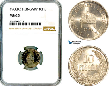 AL580, Hungary, Franz Joseph, 10 Filler 1908 KB, Kremnitz Mint, NGC MS65