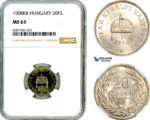 AL581, Hungary, Franz Joseph, 20 Filler 1908 KB, Kremnitz Mint, NGC MS63