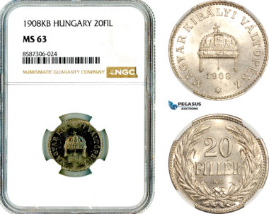 AL581, Hungary, Franz Joseph, 20 Filler 1908 KB, Kremnitz Mint, NGC MS63