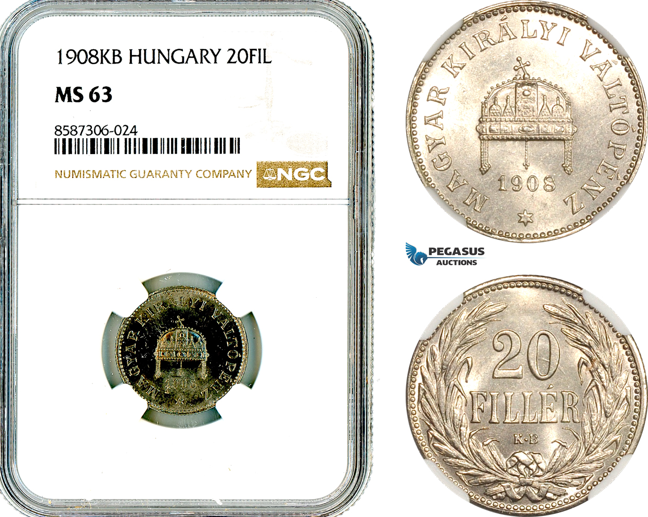AL581, Hungary, Franz Joseph, 20 Filler 1908 KB, Kremnitz Mint, NGC MS63