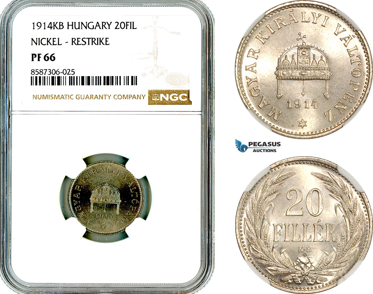 AL582, Hungary, Franz Joseph, Restrike 20 Filler 1914 KB, Kremnitz Mint, NGC PF66