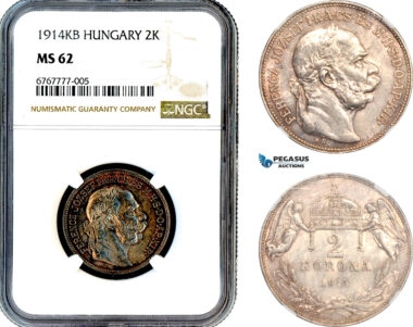 AL583, Hungary, Franz Joseph, 2 Korona 1914 KB, Kremnitz Mint, Silver, NGC MS62