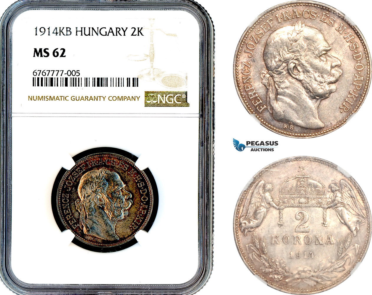 AL583, Hungary, Franz Joseph, 2 Korona 1914 KB, Kremnitz Mint, Silver, NGC MS62