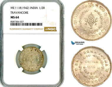 AL584, India, Travancore, 1/2 Rupee ME1118 (1942), Silver, NGC MS64