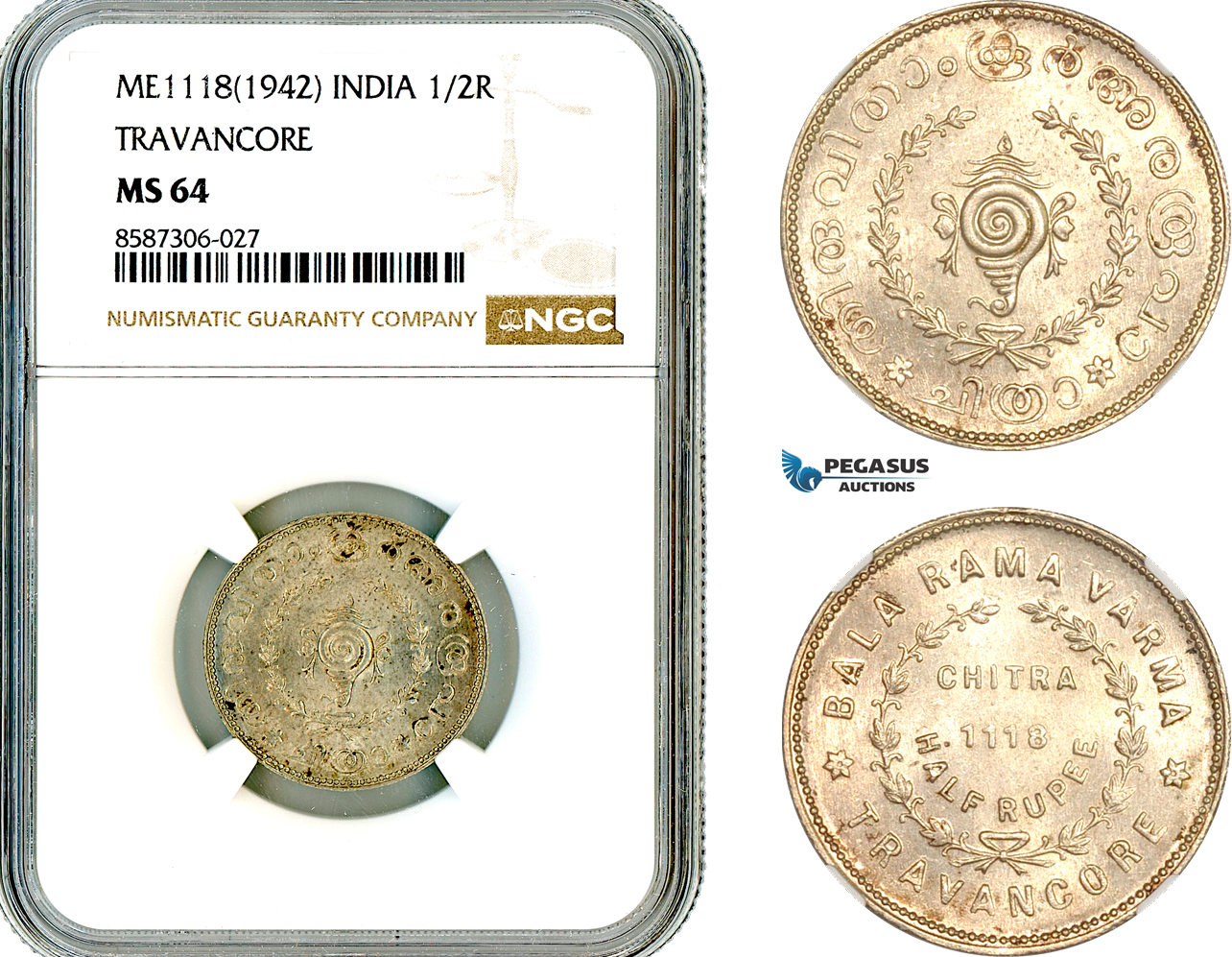AL584, India, Travancore, 1/2 Rupee ME1118 (1942), Silver, NGC MS64