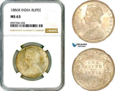 AL585, India, Victoria, 1 Rupee 1886 B, Bombay Mint, Silver, NGC MS63