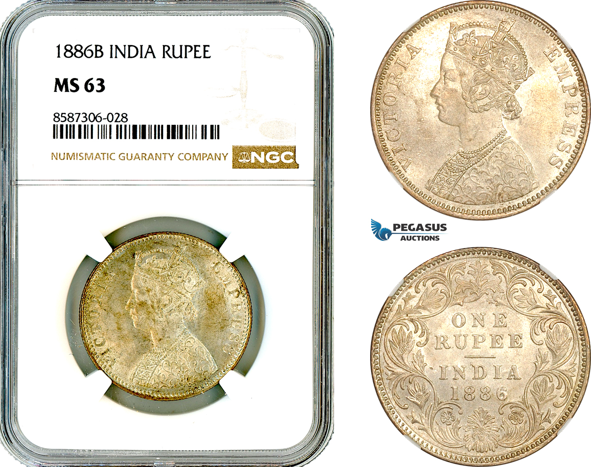 AL585, India, Victoria, 1 Rupee 1886 B, Bombay Mint, Silver, NGC MS63
