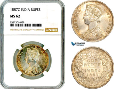 AL586, India, Victoria, 1 Rupee 1887 C, Calcutta Mint, Silver, NGC MS62