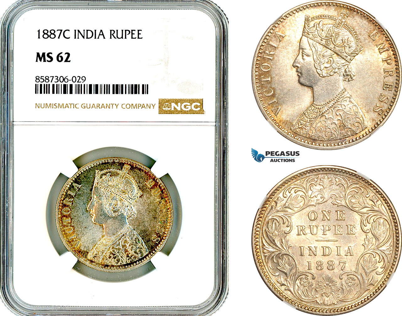 AL586, India, Victoria, 1 Rupee 1887 C, Calcutta Mint, Silver, NGC MS62