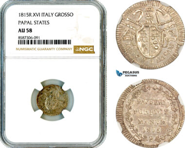AL589, Italy, Papal States, Pius VII, Grosso 1815 R, Anno XVI, Rome Mint, Silver, NGC AU58, Top Pop and single finest graded!
