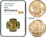 AL590, Italy, Vittorio Emanuele II, 2 Lire 1863 T BN, Turin Mint, Value Reverse, Silver, NGC MS63