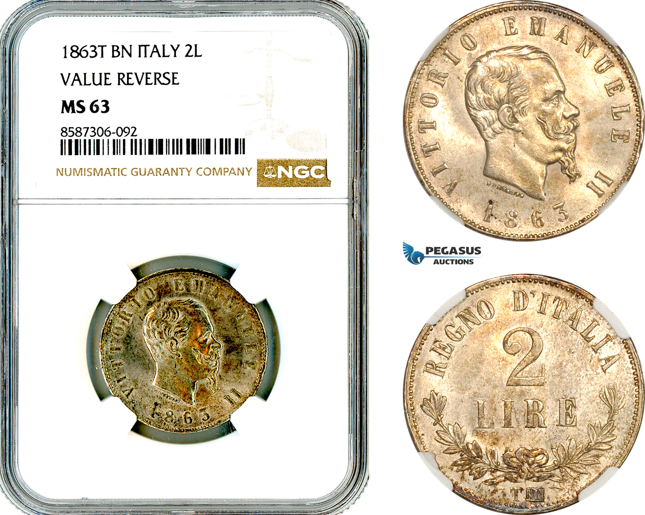 AL590, Italy, Vittorio Emanuele II, 2 Lire 1863 T BN, Turin Mint, Value Reverse, Silver, NGC MS63