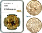 AL594, Latvia, 5 Lati 1932, London Mint, Silver, NGC AU58