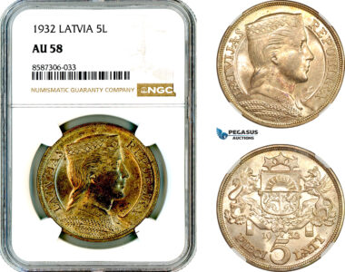AL594, Latvia, 5 Lati 1932, London Mint, Silver, NGC AU58