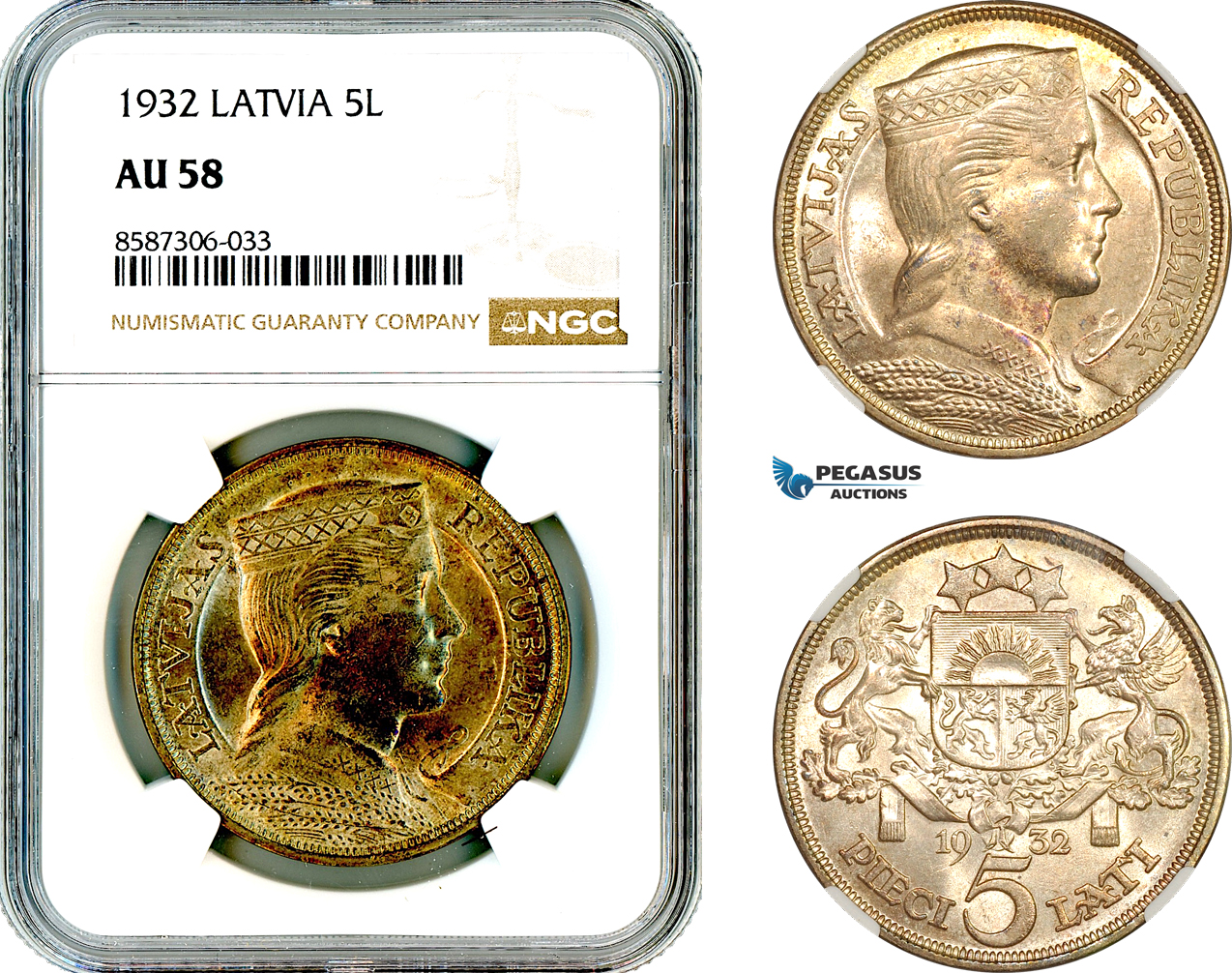 AL594, Latvia, 5 Lati 1932, London Mint, Silver, NGC AU58