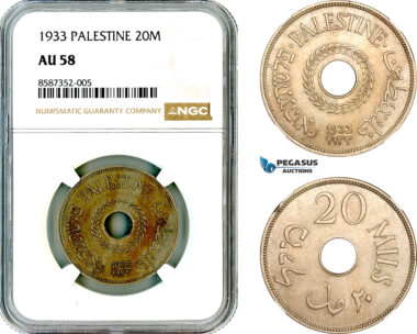 AL598, Palestine, 20 Mils 1933, London Mint, NGC AU58