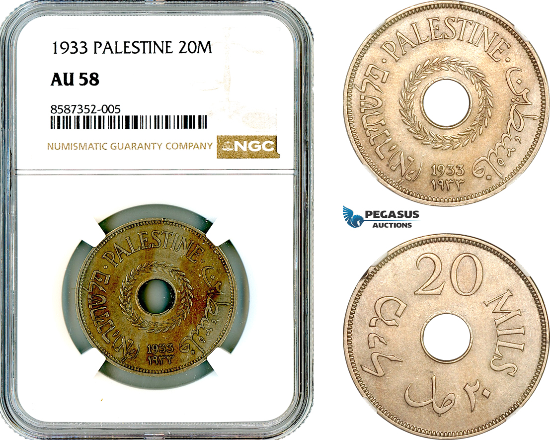 AL598, Palestine, 20 Mils 1933, London Mint, NGC AU58