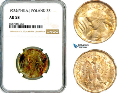 AL599, Poland, 2 Zlote 1924, Philadelphia Mint, Silver, NGC AU58